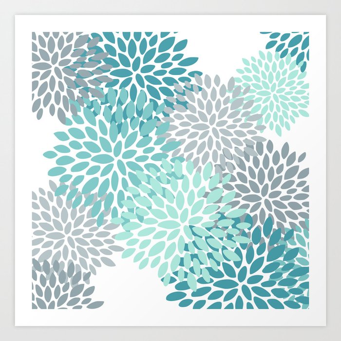Floral Pattern, Aqua, Teal, Turquoise and Gray Art Print
