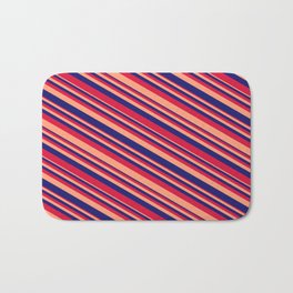 [ Thumbnail: Light Salmon, Midnight Blue & Crimson Colored Lines/Stripes Pattern Bath Mat ]