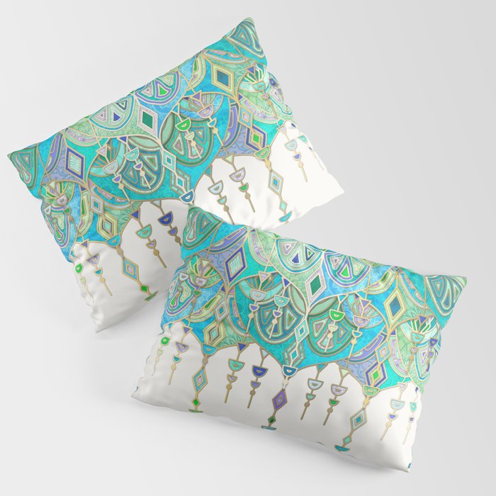 Art Deco Double Drop in Jade and Aquamarine on Cream Pillow Sham