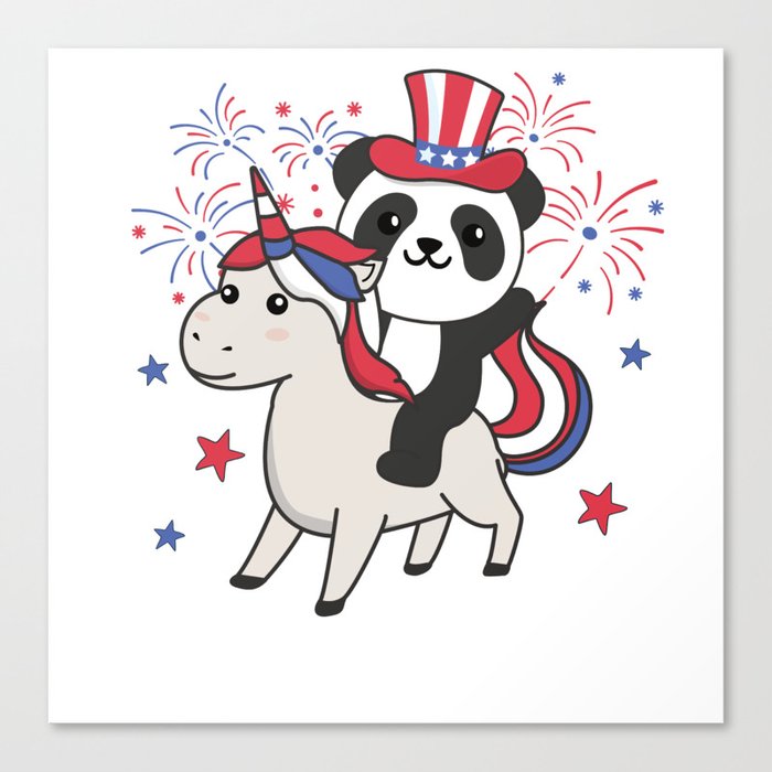Panda With Unicorn For Fourth Of July Fireworks Canvas Print