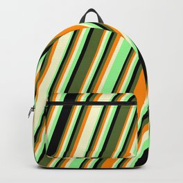 [ Thumbnail: Colorful Dark Orange, Light Yellow, Green, Black, and Dark Olive Green Colored Pattern of Stripes Backpack ]