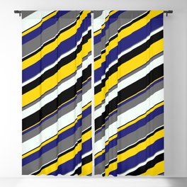 [ Thumbnail: Eyecatching Dim Grey, Mint Cream, Black, Yellow, and Midnight Blue Colored Stripes Pattern Blackout Curtain ]