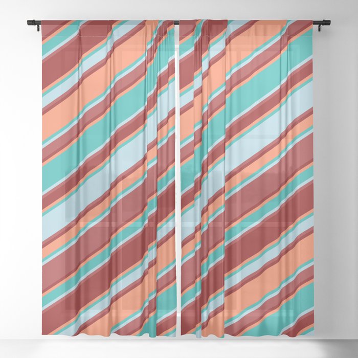 Light Sea Green, Light Blue, Brown, Dark Red & Coral Colored Stripes/Lines Pattern Sheer Curtain