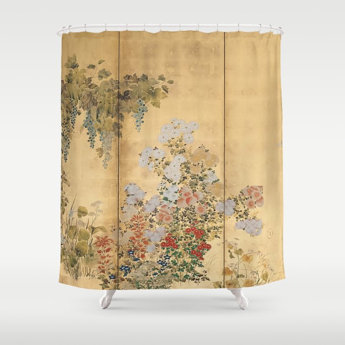 Japanese Edo Period Six-Panel Gold Leaf Screen - Spring and Autumn Flowers Shower Curtain | Painting, Other, Illustration, Vintage, Realism, Nature, Edo, Japanese, Panel, Rinpa