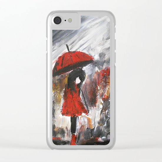 Girl In Red Raincoat Umbrella Rainy Day Fine Art Print Of Acrylic Painting Clear iPhone Case