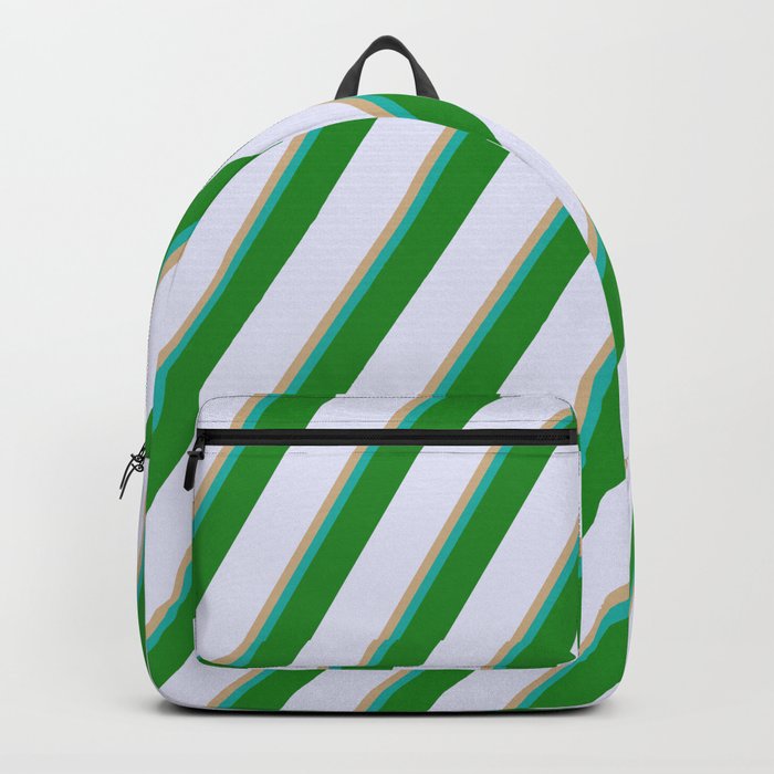 Tan, Light Sea Green, Forest Green, and Lavender Colored Lined/Striped Pattern Backpack