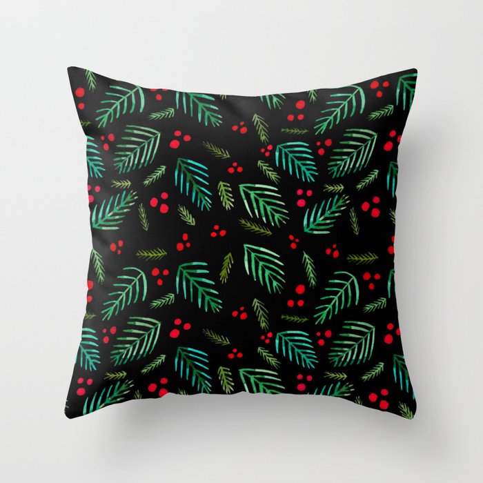 Christmas tree branches and berries - black and green Throw Pillow