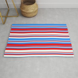 [ Thumbnail: Blue, Red & Mint Cream Colored Stripes Pattern Rug ]