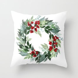 Holly Berry Throw Pillow | Eucalyptus, Wreath, Kellygreen, Snow, Painting, Leaves, Blueleaves, Xmas, Holiday, Pine 