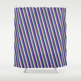 [ Thumbnail: Vibrant Sea Green, Purple, Dark Grey, Tan, and Midnight Blue Colored Pattern of Stripes Shower Curtain ]