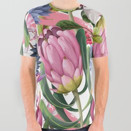 Seamless pattern with protea, tropical flowers and birds. Trendy floral vintage design All Over Graphic Tee