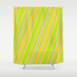 [ Thumbnail: Light Pink, Yellow & Chartreuse Colored Lines Pattern Shower Curtain ]