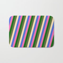 [ Thumbnail: Vibrant Dark Olive Green, Beige, Royal Blue, Hot Pink, and Dark Green Colored Lines Pattern Bath Mat ]