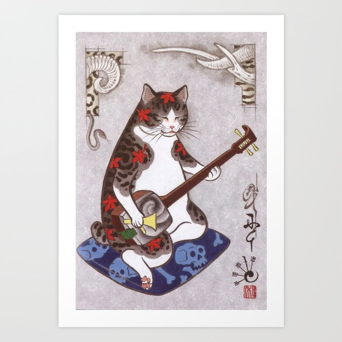 Antique Japanese Woodblock Yakuza Tattoo Cat  Art Print