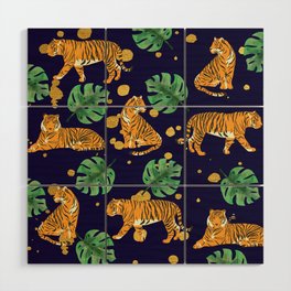 Modern Trendy Jungle Monstera and Tigers with Gold Spots Pattern Wood Wall Art
