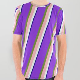[ Thumbnail: Purple, Green, Light Pink, Mint Cream, and Dark Blue Colored Striped/Lined Pattern All Over Graphic Tee ]