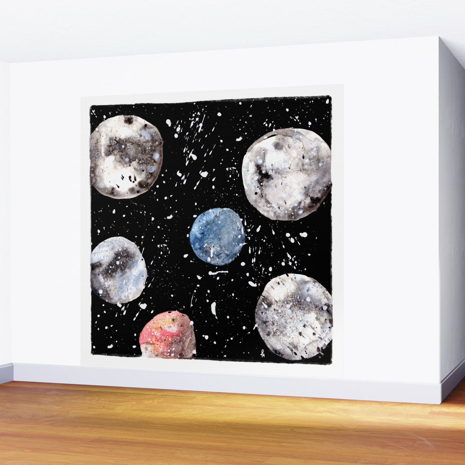 Many Moons Watercolor Planets Solar System Galaxy Universe Cosmic Outerspace Wall Mural