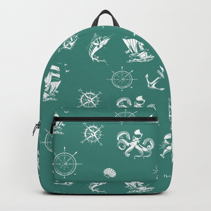 Green Blue And White Silhouettes Of Vintage Nautical Pattern Backpack