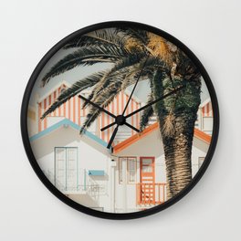 Palm Tree - Colorful Pastel Striped Beach Houses - Europe Travel Photography Wall Clock