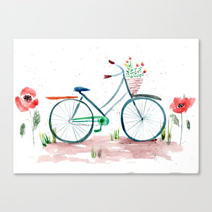 watercolor vintage bike, floral bicycle, summer bike ride Canvas Print