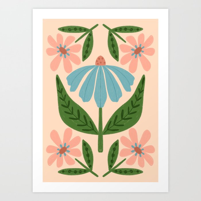 Retro Bloom - Pink and Blue Daisy Art Print