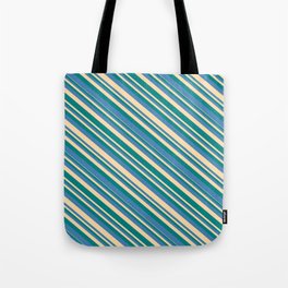 [ Thumbnail: Tan, Teal & Blue Colored Lines/Stripes Pattern Tote Bag ]