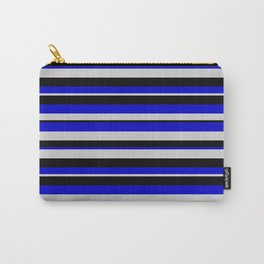 [ Thumbnail: Blue, Light Gray & Black Colored Striped Pattern Carry-All Pouch ]