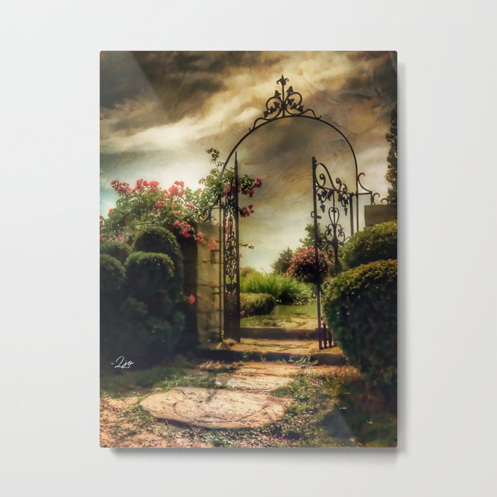 Through an Open Gate Fantasy Garden Digital Art Metal Print