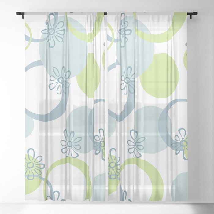 Retro Vintage 1960s Inspired Flowers and Circles in Muted Blue and Lime Green Sheer Curtain