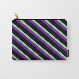 [ Thumbnail: Colorful Light Green, Dark Slate Gray, Dark Violet, Black, and Light Cyan Colored Stripes Pattern Carry-All Pouch ]