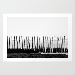 Wooden fence with sea view | black and white | Kefalonia, Greece | Travel photography Art Print