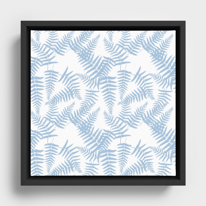 Pale Blue Silhouette Fern Leaves Pattern Framed Canvas