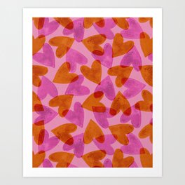 Linocut Hearts / Pink & Orange Art Print