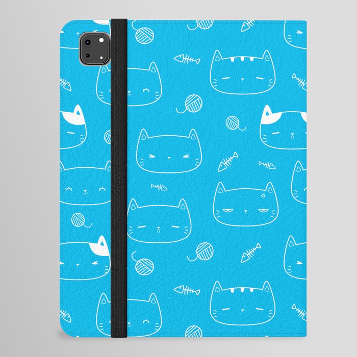 Turquoise and White Doodle Kitten Faces Pattern iPad Folio Case