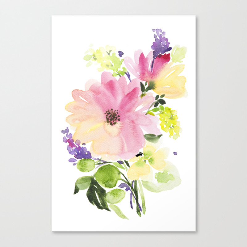 Gerbera Daisy Delphimium Scbiosa Floral Watercolor Painting By