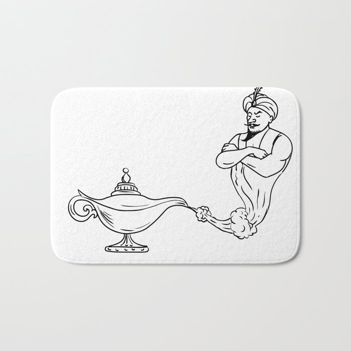 Genie Coming Out of Oil Lamp Black and White Drawing Bath Mat