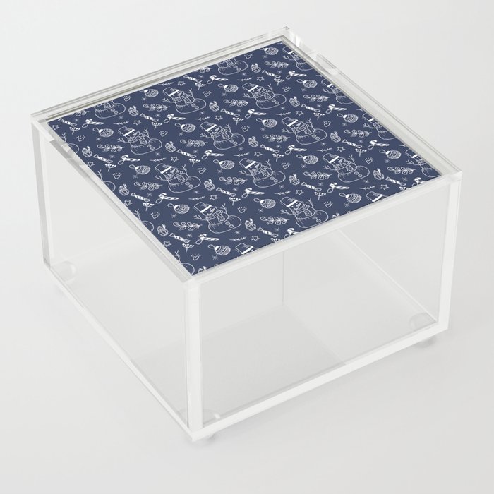 Navy Blue and White Christmas Snowman Doodle Pattern Acrylic Box