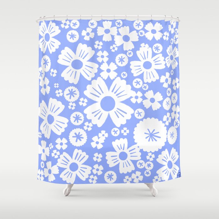 Modern Retro Light Denim Blue and White Daisy Flowers Shower Curtain