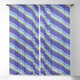 [ Thumbnail: Vibrant Royal Blue, Sky Blue, Green, Dark Blue, and White Colored Striped/Lined Pattern Sheer Curtain ]