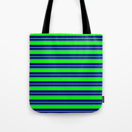 [ Thumbnail: Dark Blue, Sea Green & Lime Colored Lined/Striped Pattern Tote Bag ]