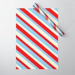 [ Thumbnail: Sky Blue, Beige & Red Colored Lines Pattern Wrapping Paper ]