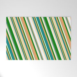 [ Thumbnail: Vibrant Brown, Dark Cyan, Tan, White & Green Colored Striped Pattern Welcome Mat ]