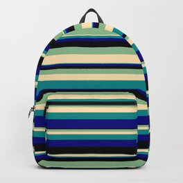 [ Thumbnail: Vibrant Dark Sea Green, Beige, Dark Cyan, Blue & Black Colored Striped/Lined Pattern Backpack ]