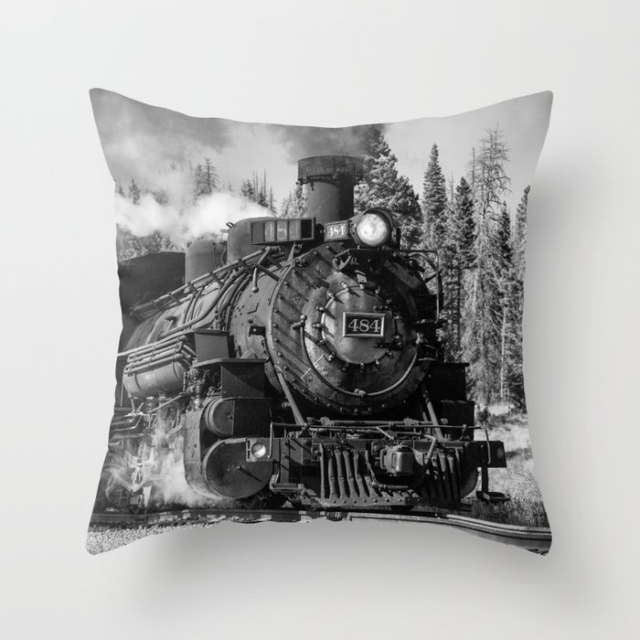 The 484 - Steam Engine Train Locomotive in Colorado in Black and White Throw Pillow