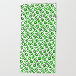 Two Kisses Collided Spring Green Lips Pattern On White Background Beach Towel