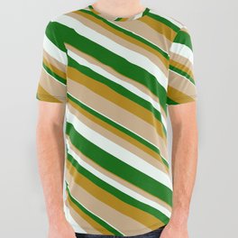 [ Thumbnail: Dark Goldenrod, Tan, Mint Cream & Dark Green Colored Lined/Striped Pattern All Over Graphic Tee ]
