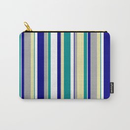 [ Thumbnail: Eye-catching Dark Cyan, Pale Goldenrod, Dark Grey, Blue, and White Colored Lines Pattern Carry-All Pouch ]