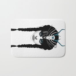 Wakeful Warrior - In Blue Bath Mat | Acrylic, Painting, Warrior, Pop Surrealism, Determined, Digital, People, Black and White, Headress, Huntress 