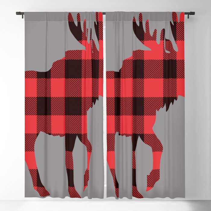 Moose Plaid Pattern Antlers Maine Acadia Rustic Country Wildlife Grey Blackout Curtain