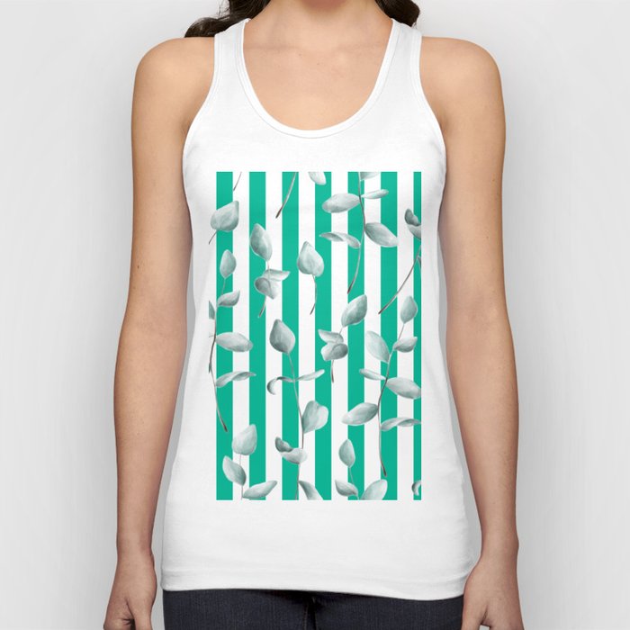 Watercolor Green Leaves on Mint Leaf Green and White Striped Tank Top